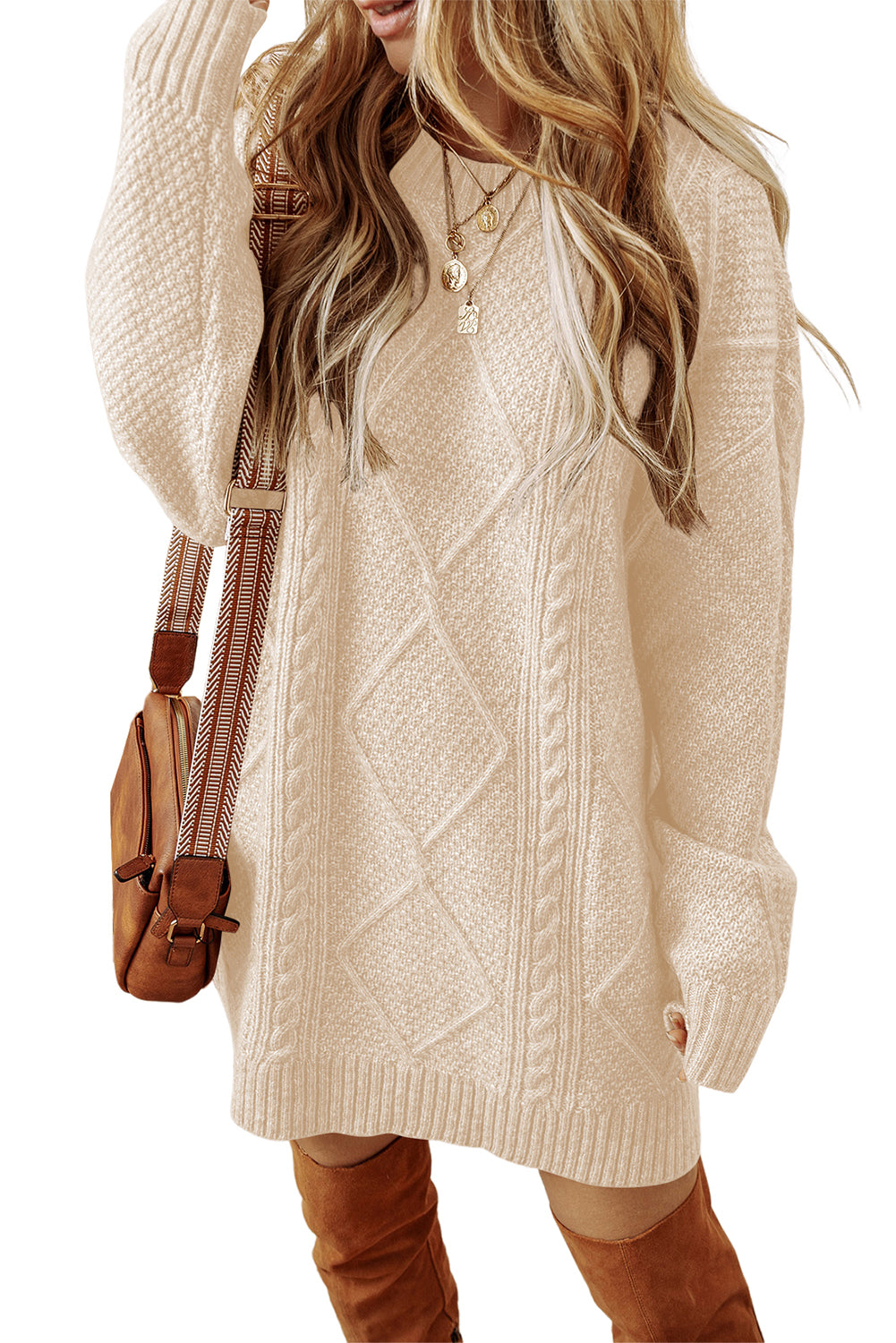 Mist Green Cable Knit Drop Shoulder Loose Fit Sweater Dress