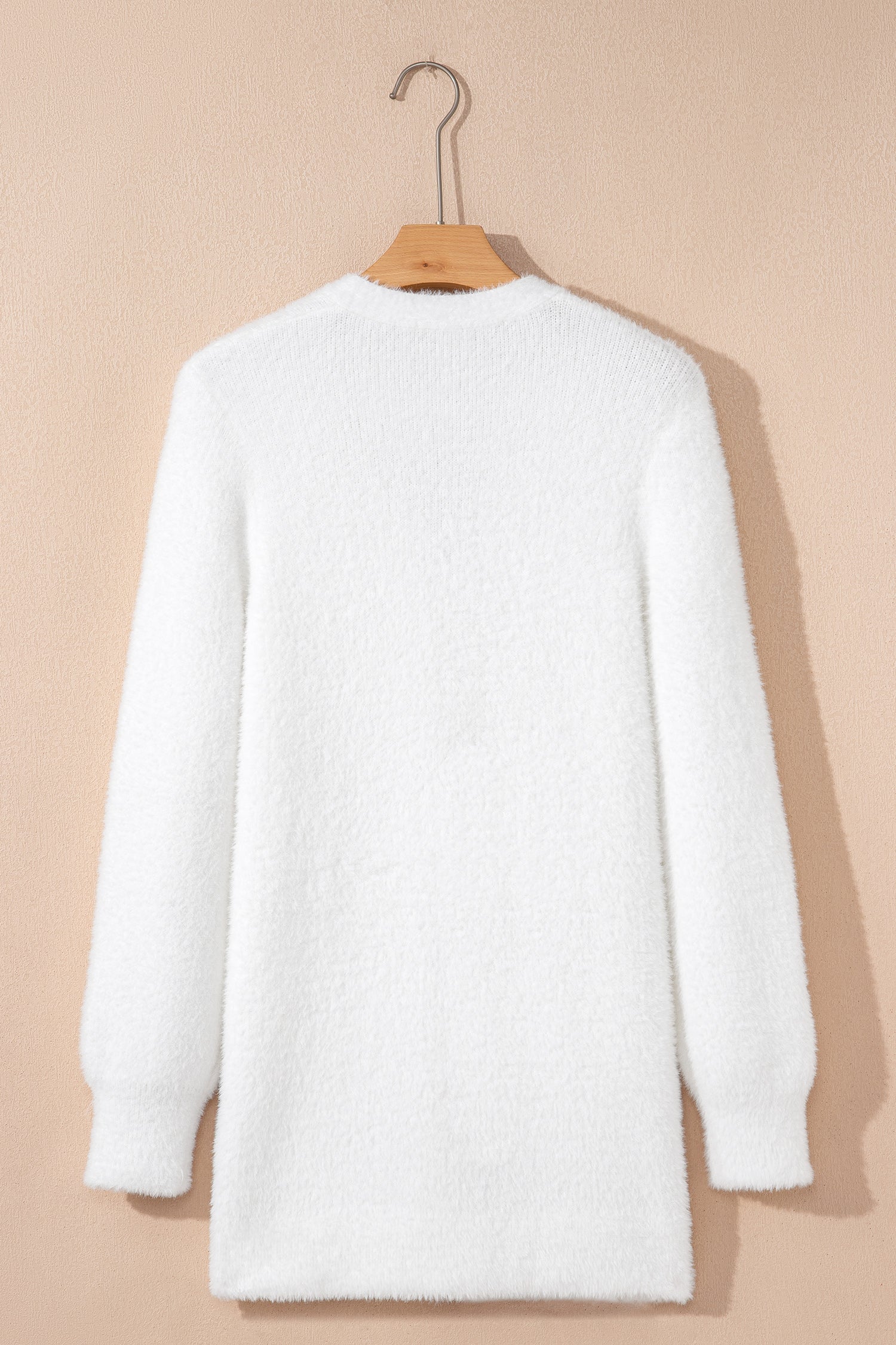 White Fuzzy Buttoned Front Midi Solid Cardigan