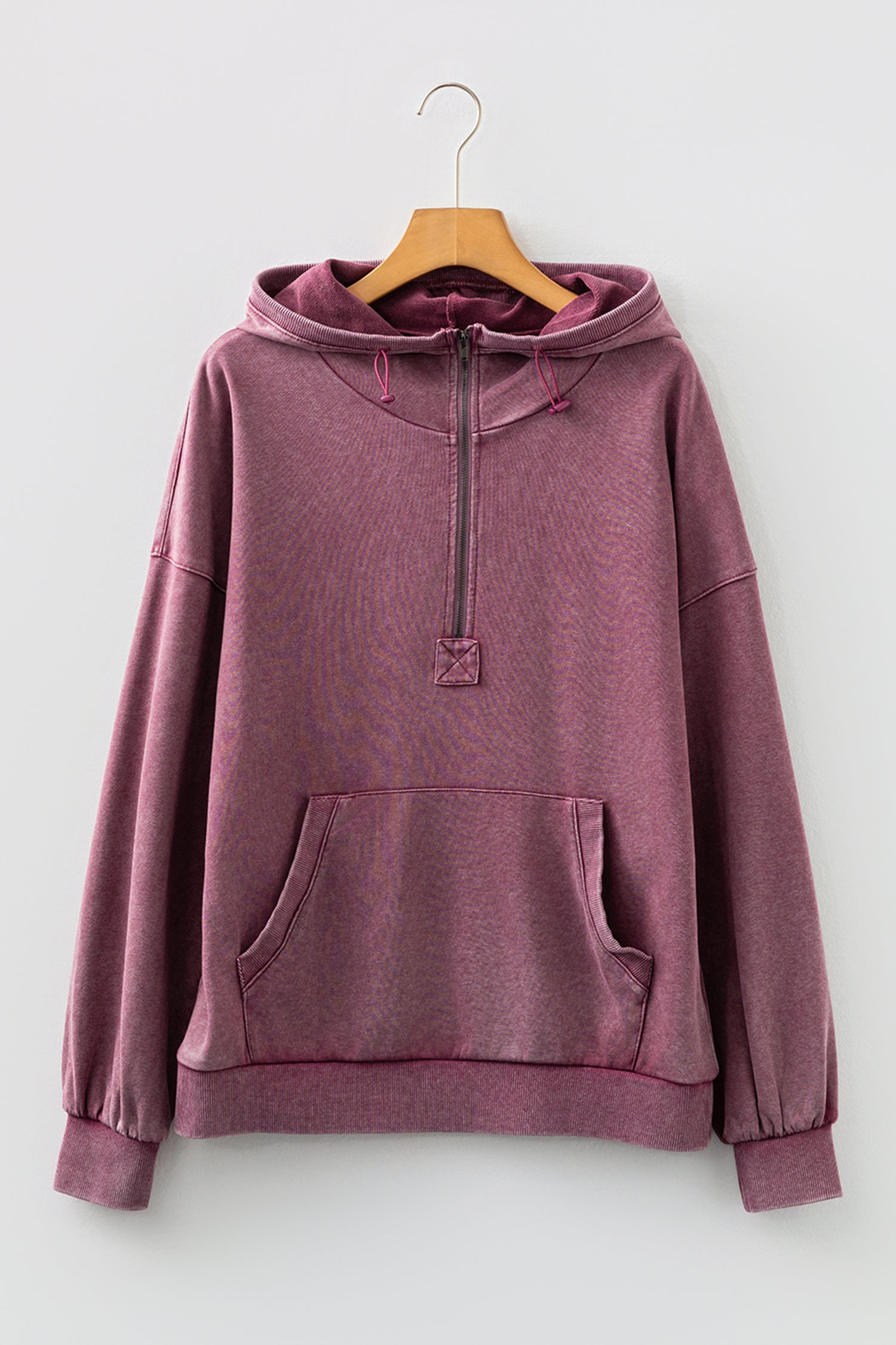Black Half Zip Kangaroo Pocket Mineral Wash Baggy Hoodie