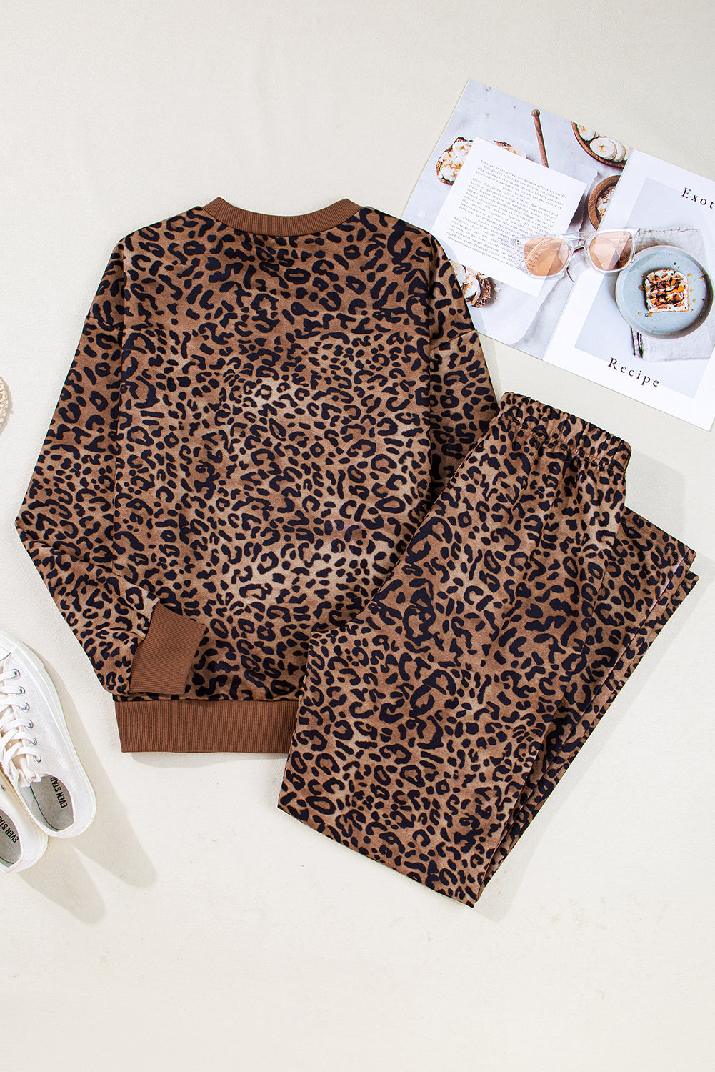 Coffee Leopard Print Contrast Trim Long Sleeve Top and Pants Set