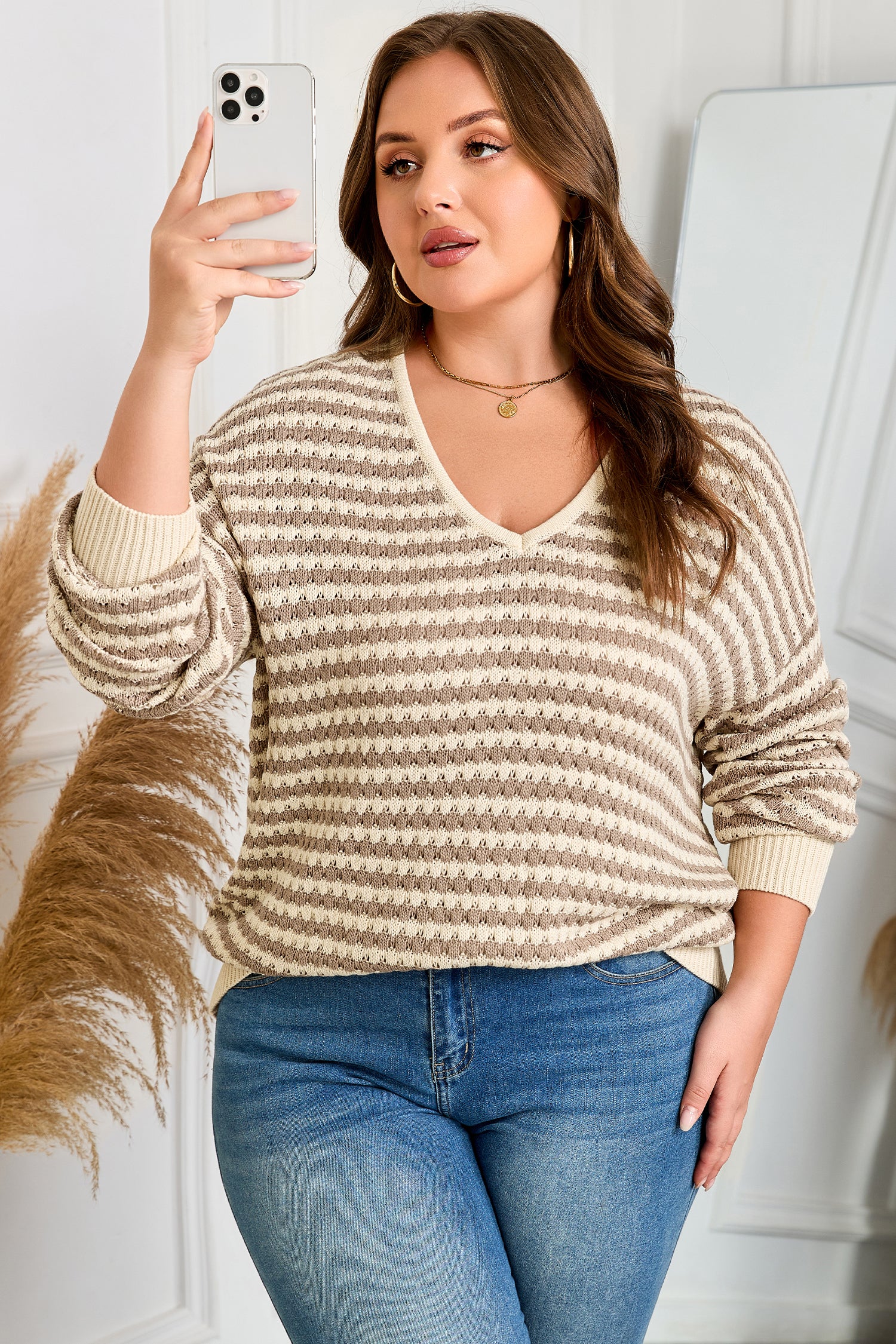 Khaki Stripe Plus Size V Neck Drop Shoulder Sweater
