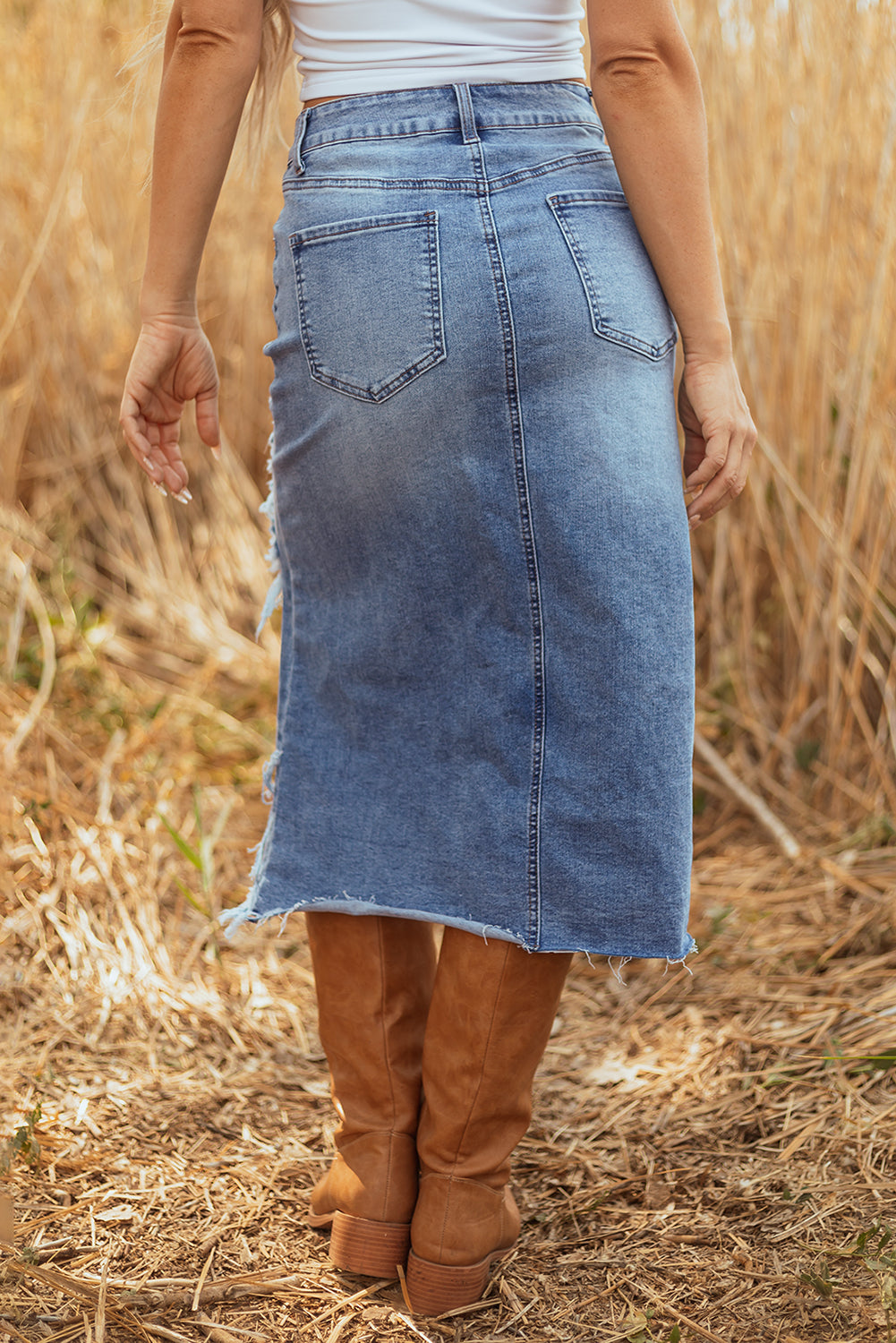 Dear Lover Myosotis Irregular Distressed Bottom Denim Midi Skirt