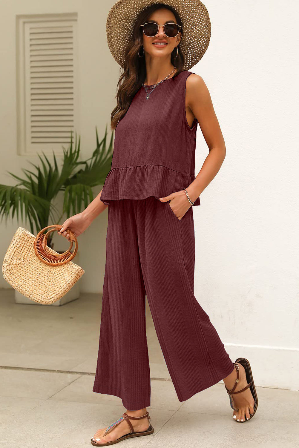 Duffel Green Solid Color Ribbed Ruffle Tank Top and Pants Set