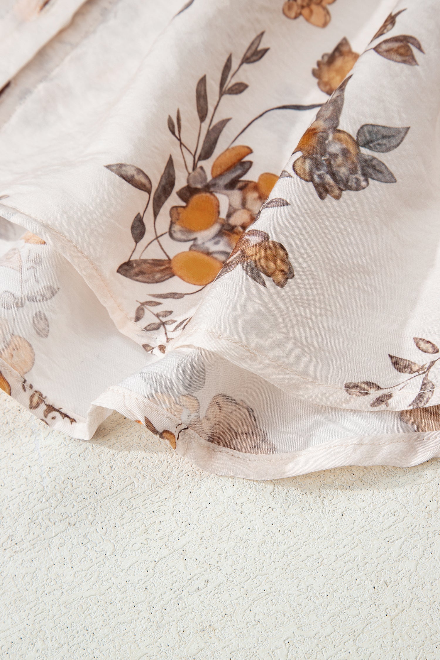 Apricot Floral Printed Silky Button Up Long Sleeve Shirt