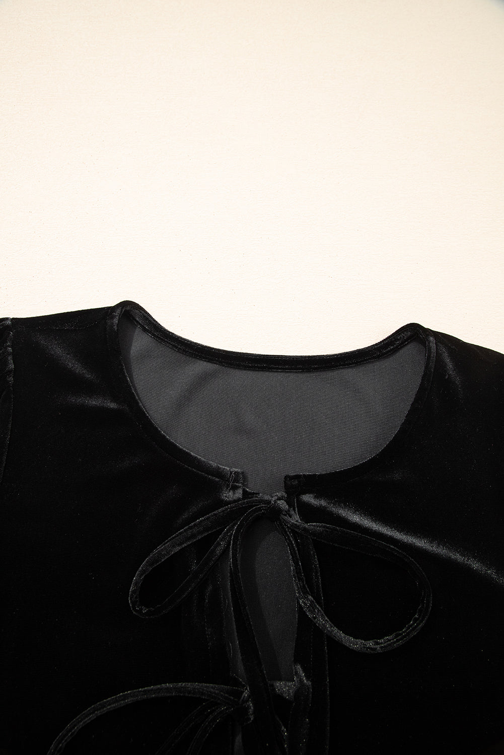 Black Front Tie Velvet Bubble Sleeve Mini Dress