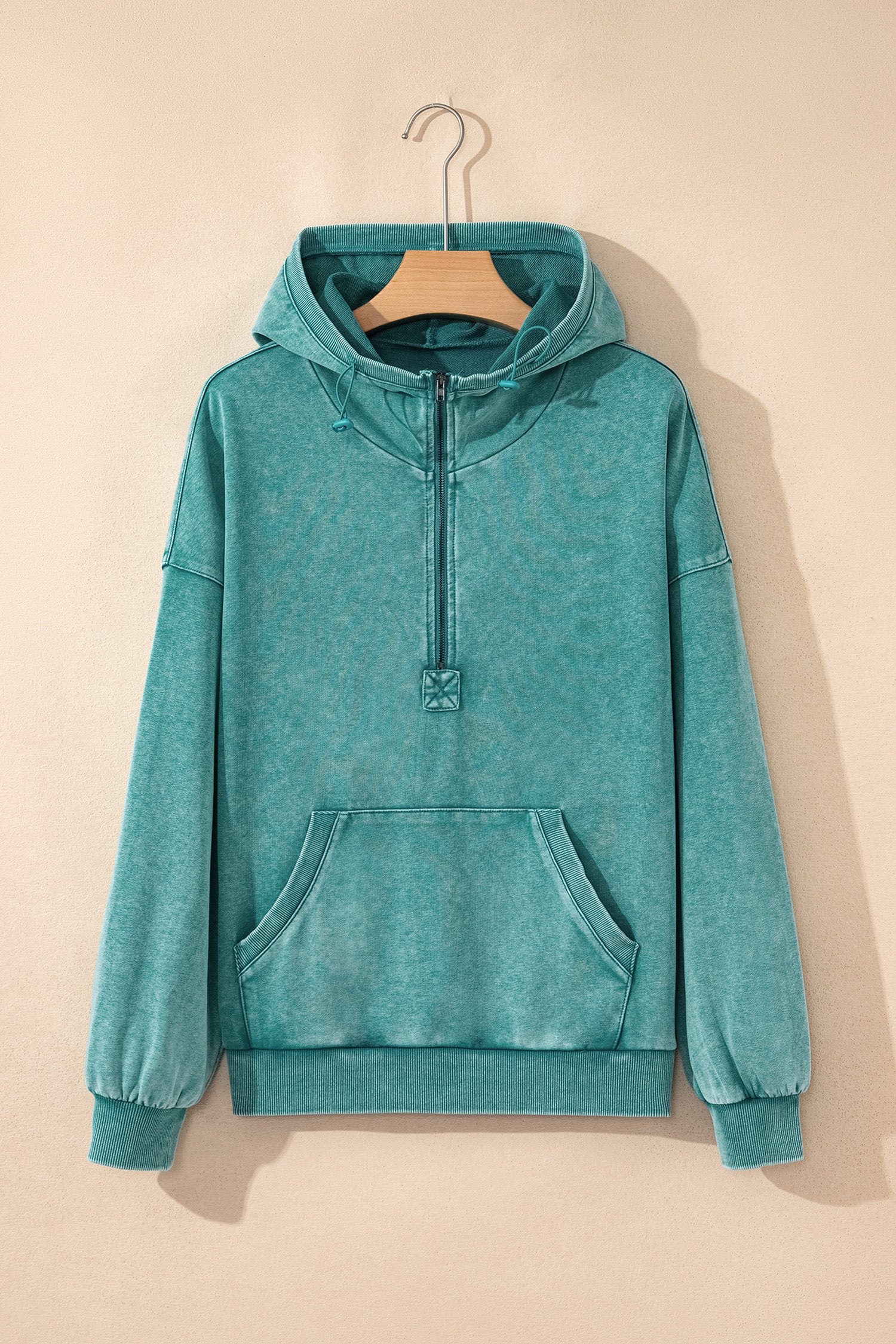 Black Half Zip Kangaroo Pocket Mineral Wash Baggy Hoodie