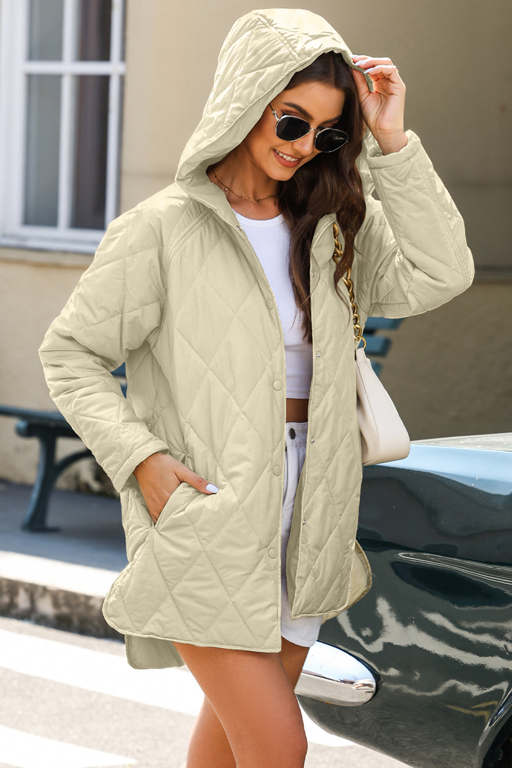 Green Quilted Snap Button Hooded Puffer Coat