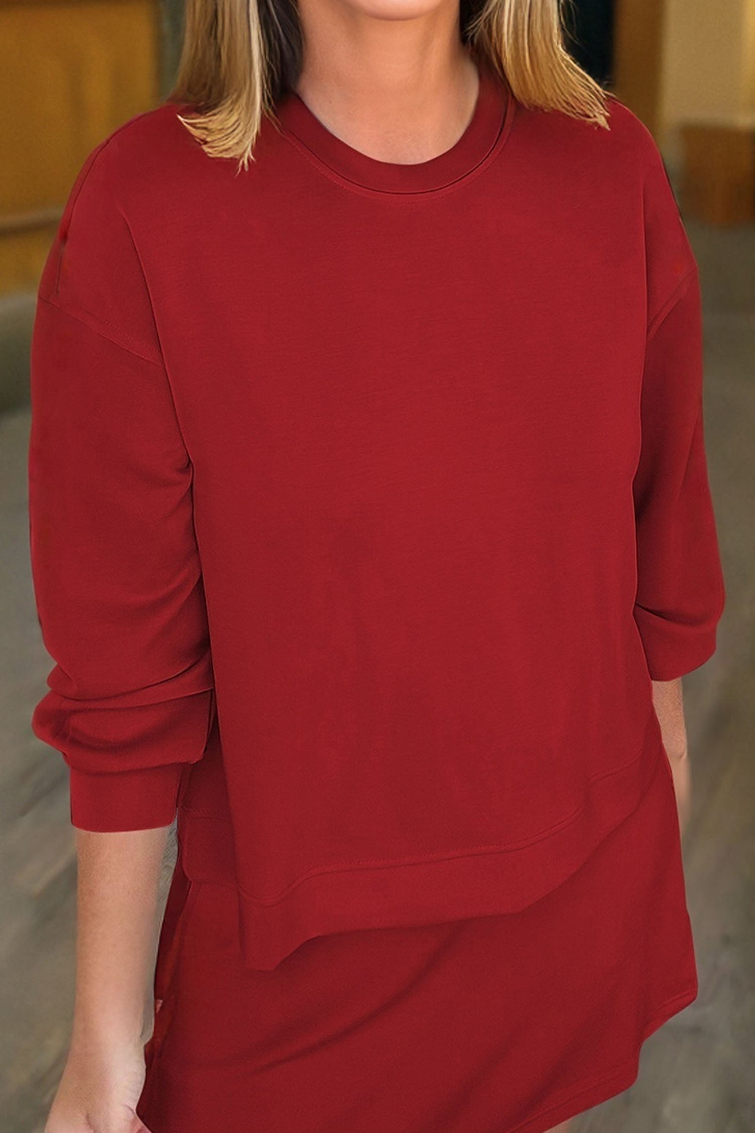 Jet Stream Solid Color Drop Shoulder Pullover Drawstring Mini Skirt 2pcs Outfit