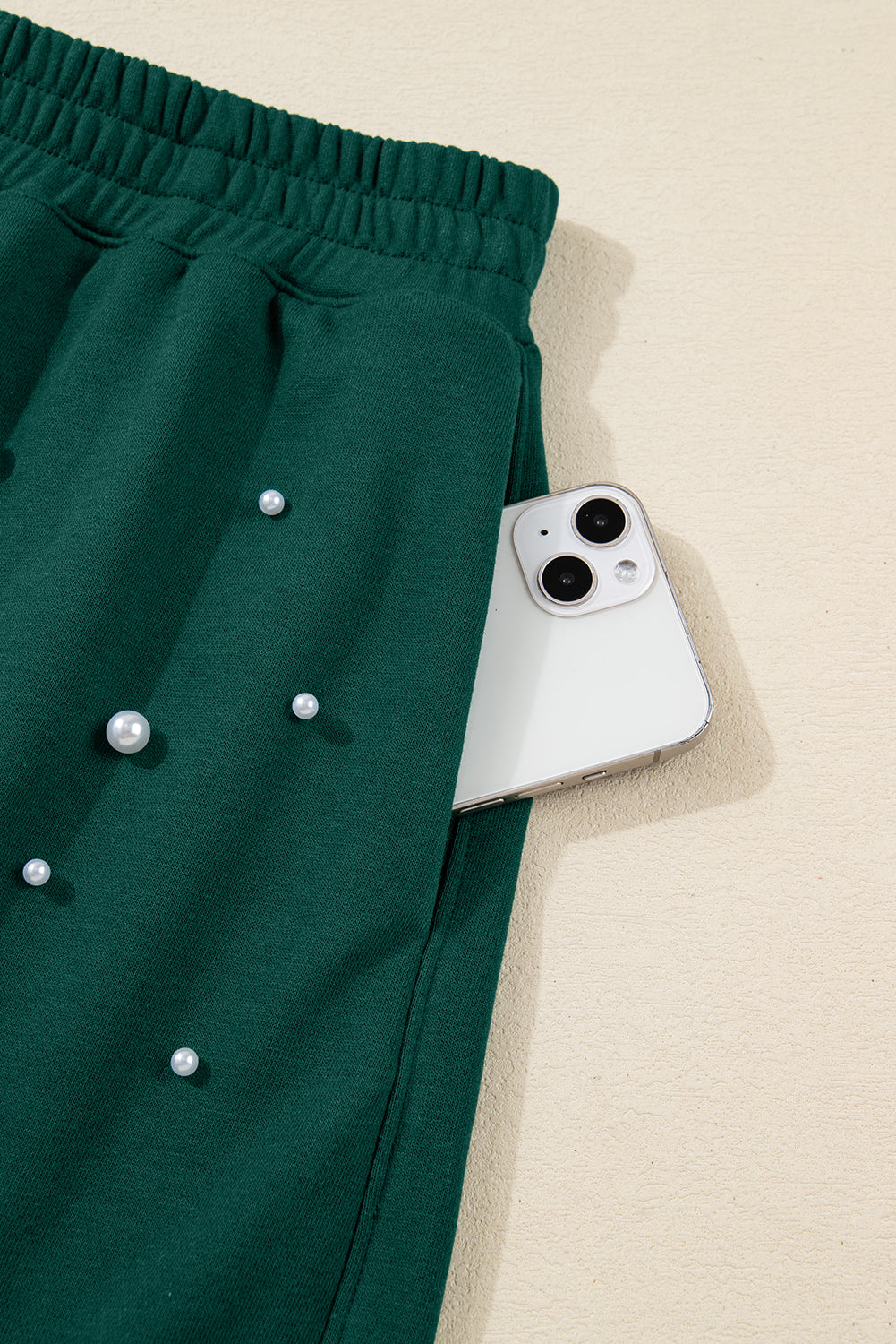 Dark Green Pearl Embellished Drop Shoulder Pullover Elastic Waist Mini Skirt Set