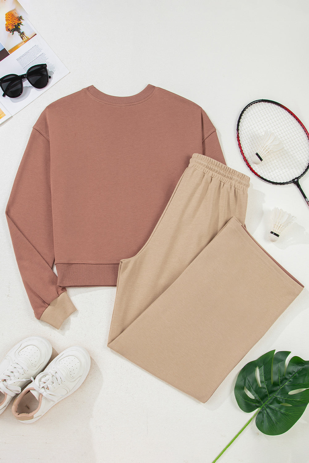 Khaki Color Block Long Sleeve Crop Top Drawstring Pant Set