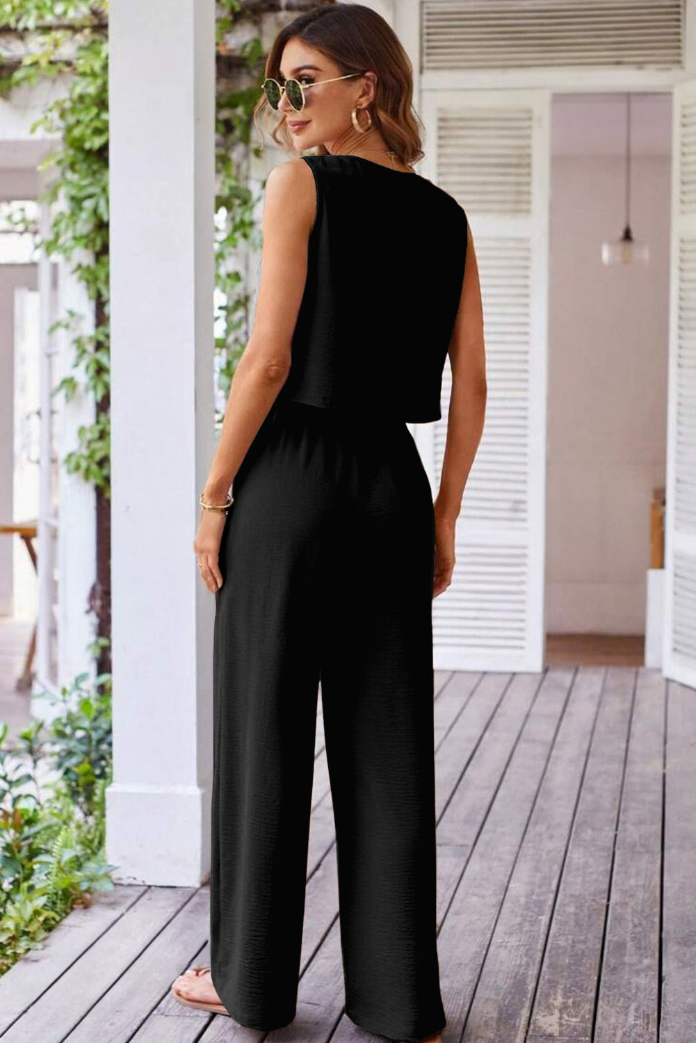 Black Buttoned Vest Drawstring Wide Leg Pants 2pcs Set