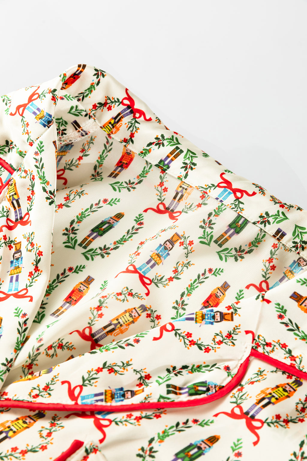 Pink Nutcracker Print Contrast Trim Tied up Bow Silky 2pcs Pajama Set