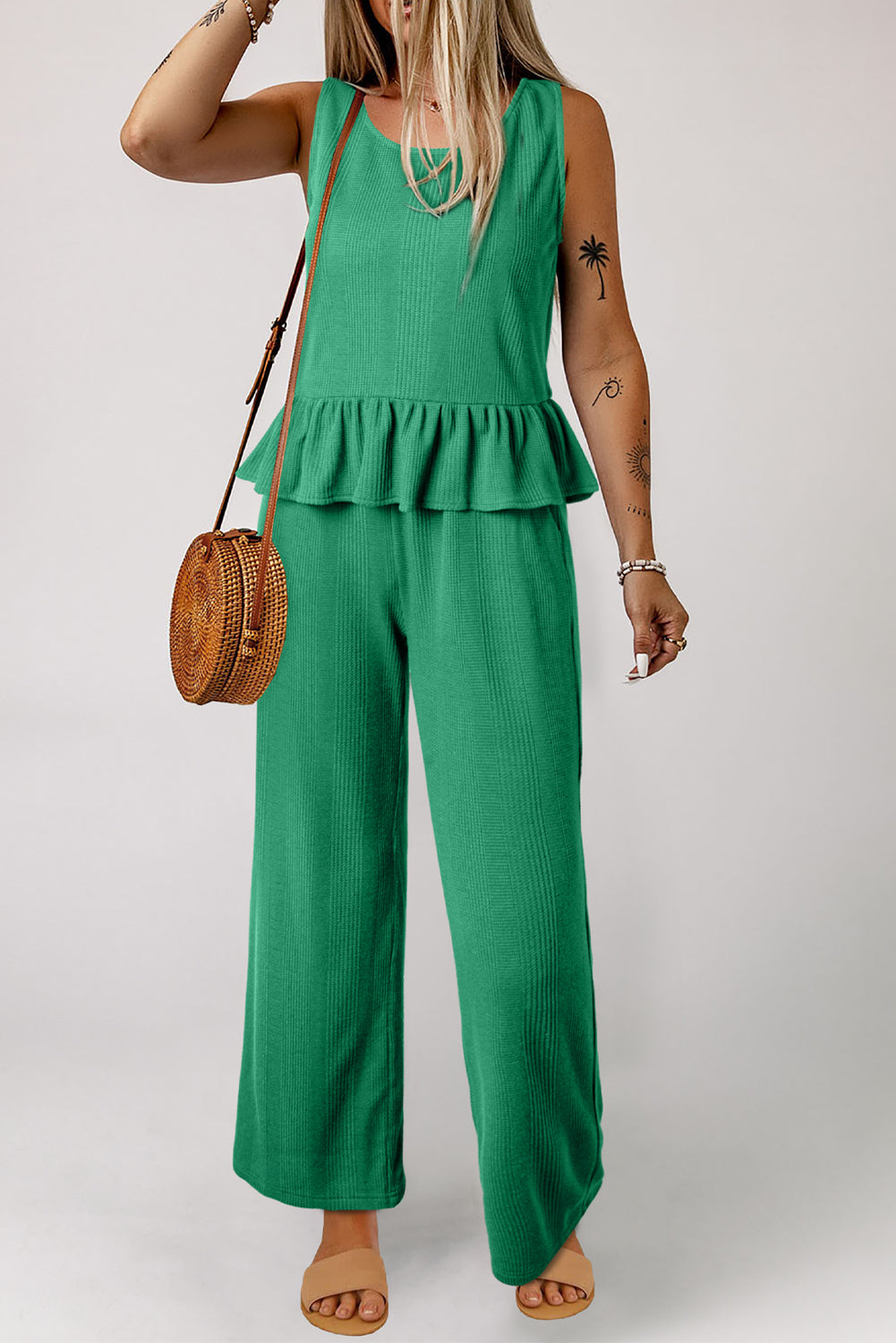 Duffel Green Solid Color Ribbed Ruffle Tank Top and Pants Set
