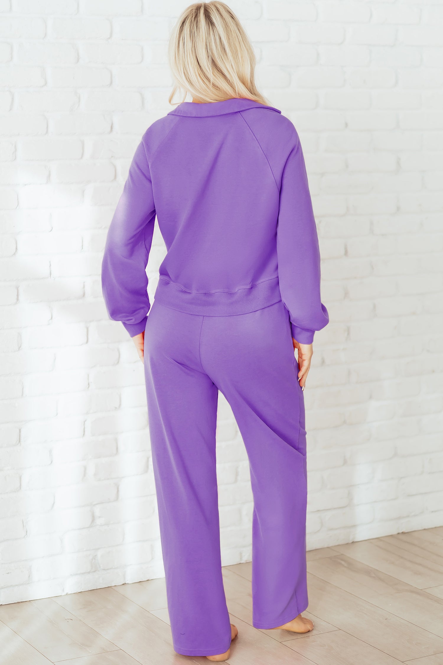 Sachet Pink Solid Color Collared Pullover and Central Seam Pants Set