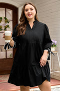 Black Contrast Trim Knot Cuffs Plus Size V Neck Mini Dress