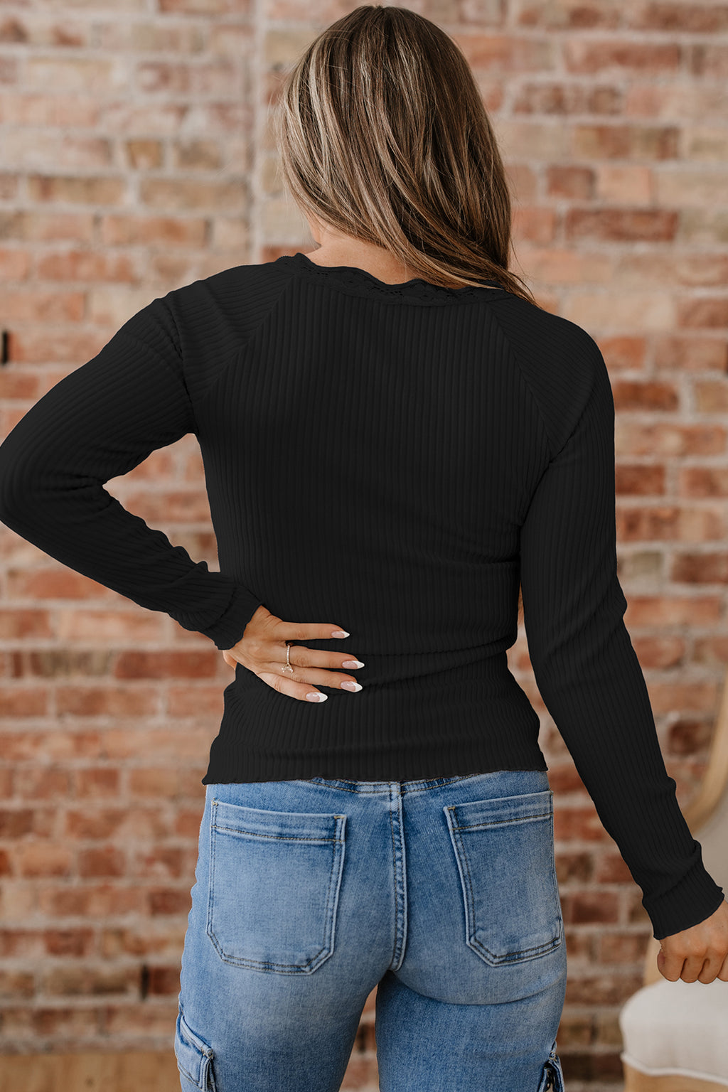 Skobeloff Lace Neckline Button Decor Lettuce Edge Long Sleeve Ribbed Top