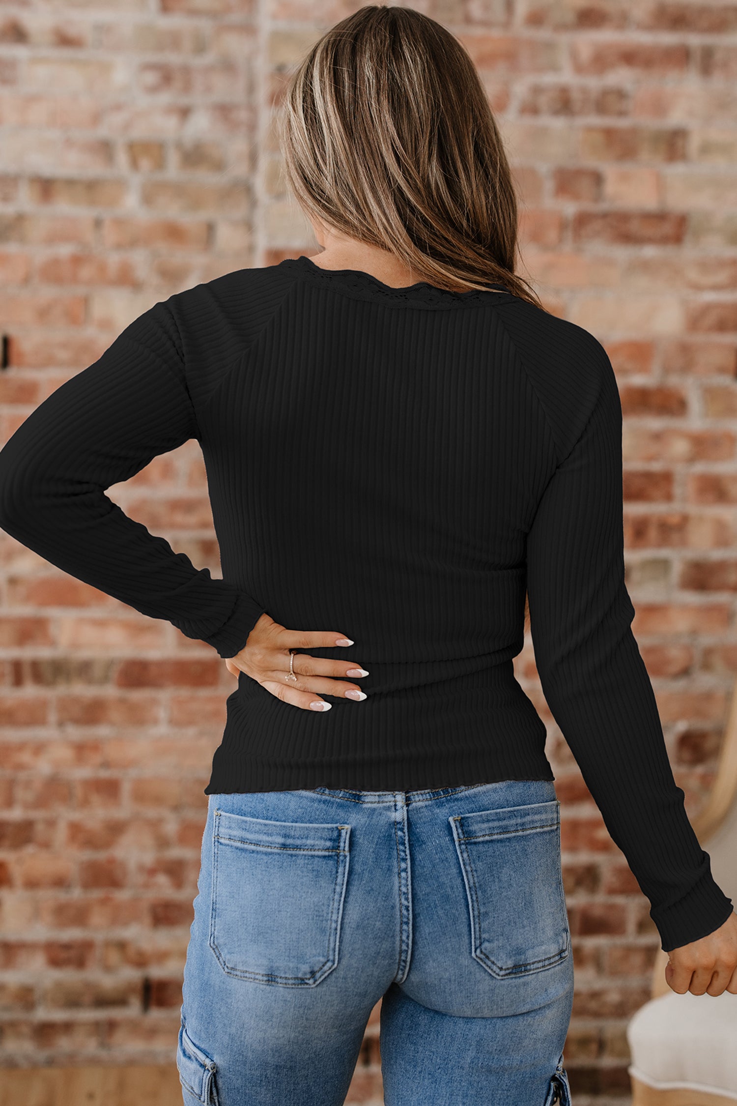 Skobeloff Lace Neckline Button Decor Lettuce Edge Long Sleeve Ribbed Top