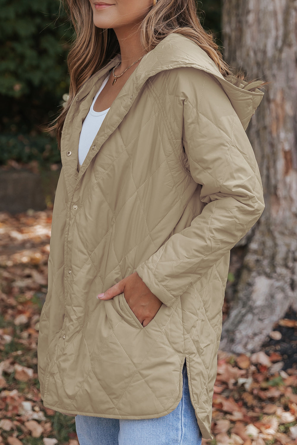 Green Quilted Snap Button Hooded Puffer Coat