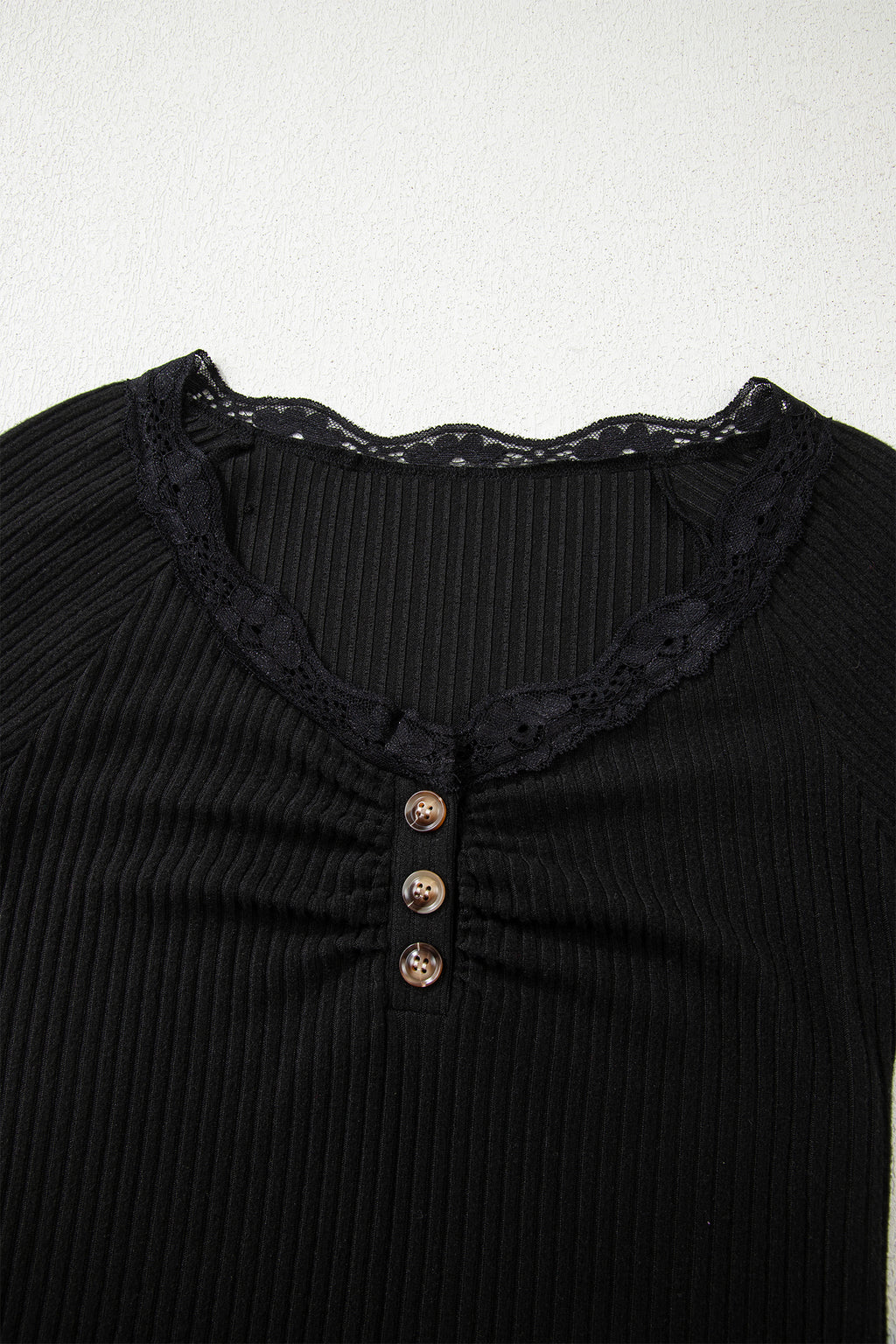 Skobeloff Lace Neckline Button Decor Lettuce Edge Long Sleeve Ribbed Top