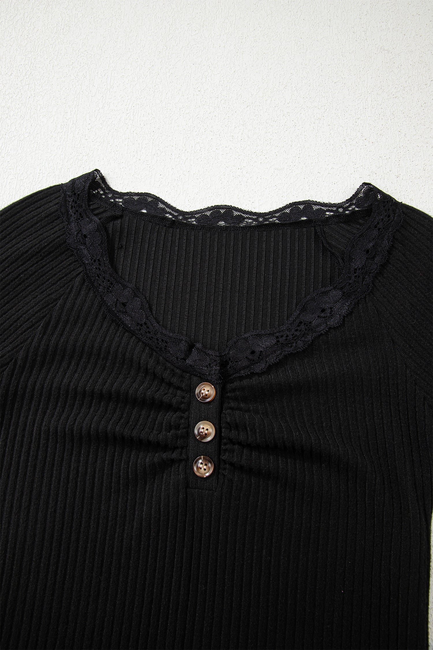 Skobeloff Lace Neckline Button Decor Lettuce Edge Long Sleeve Ribbed Top