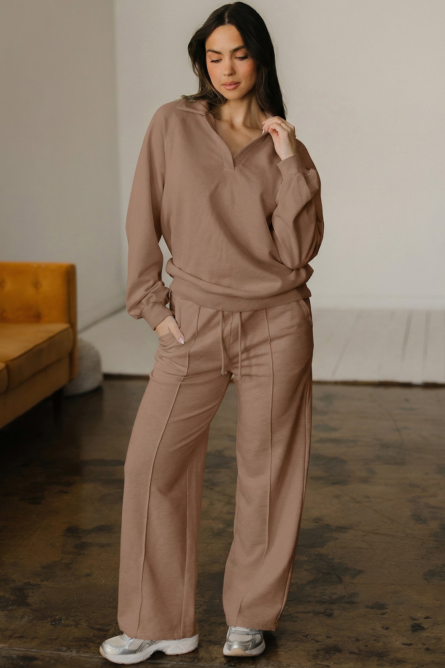 Light Grey Polo Collar V Neck Pullover and Drawstring Sweatpants Set