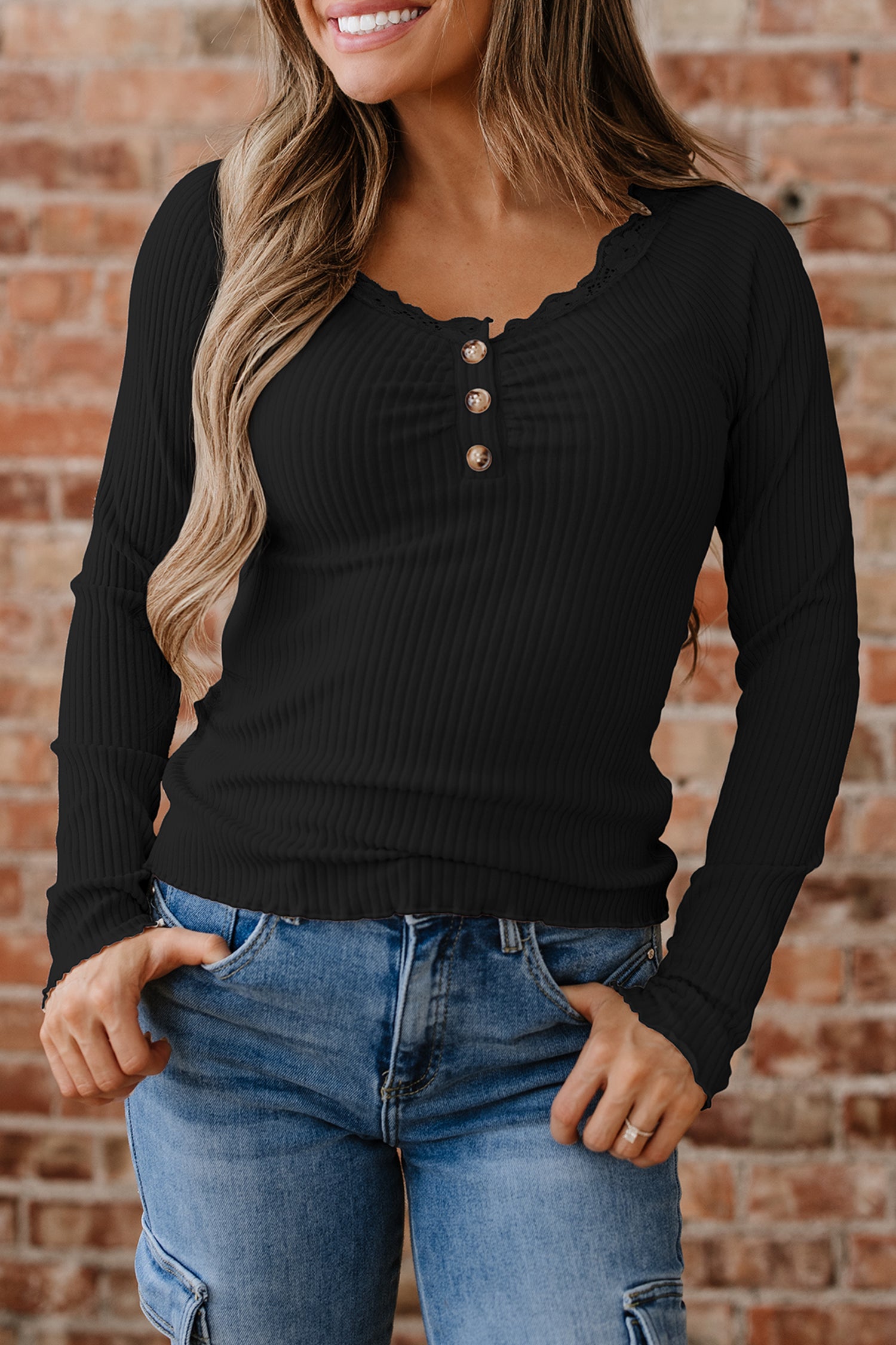 Skobeloff Lace Neckline Button Decor Lettuce Edge Long Sleeve Ribbed Top