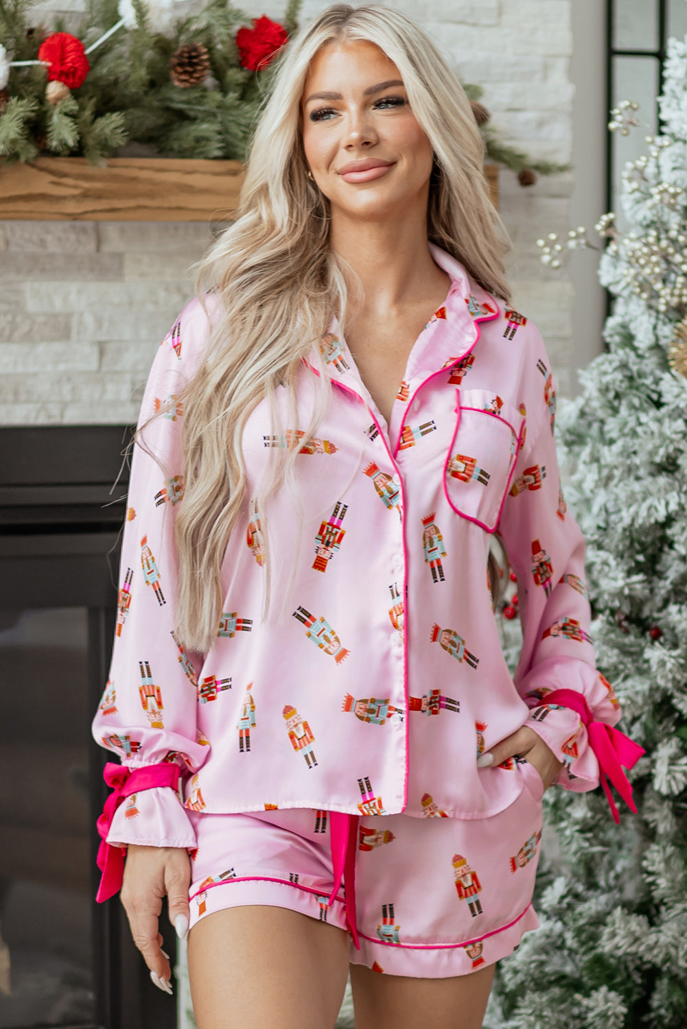 Pink Nutcracker Print Contrast Trim Tied up Bow Silky 2pcs Pajama Set