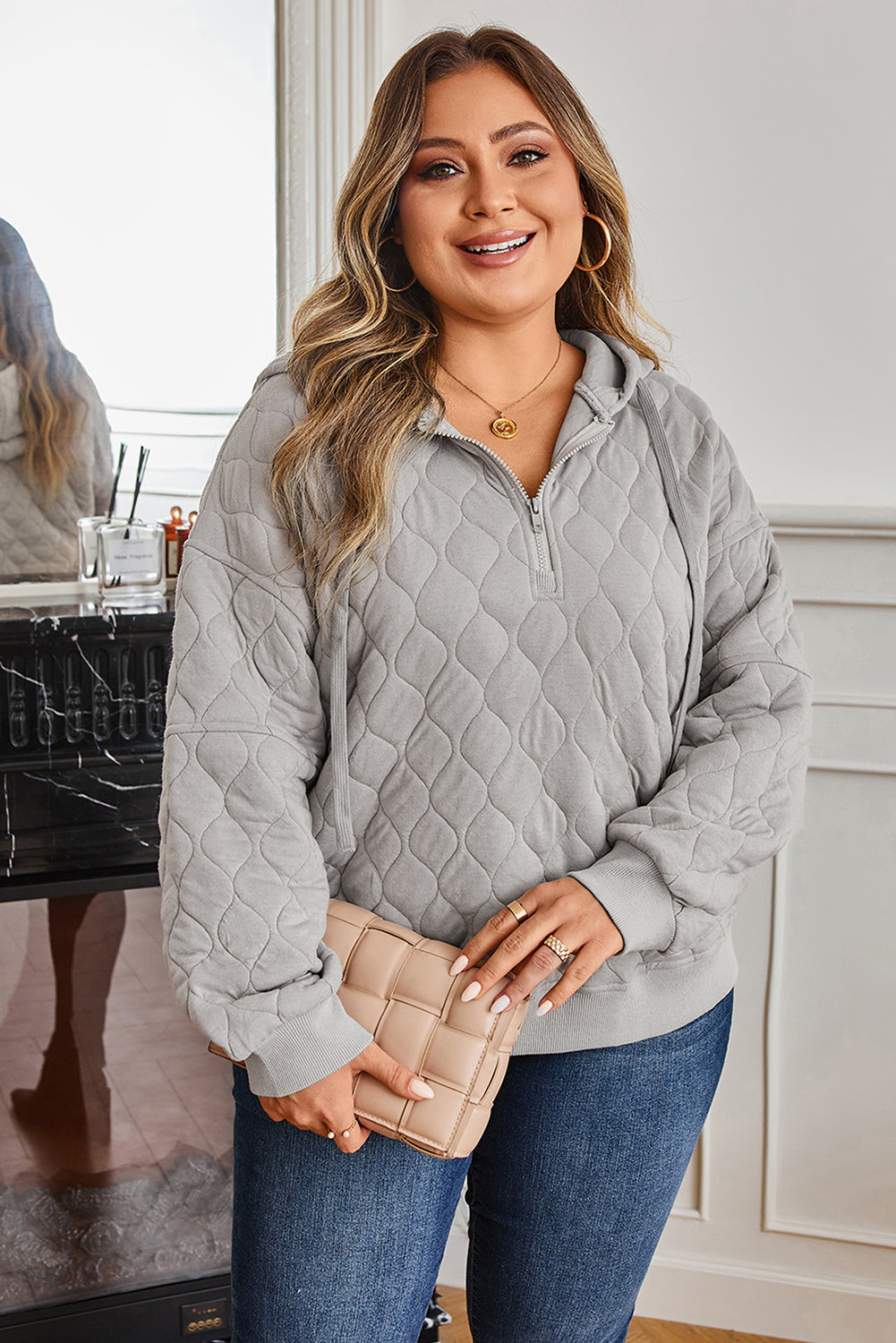 Gray Quilted Quarter Zip Plus Size Hoodie