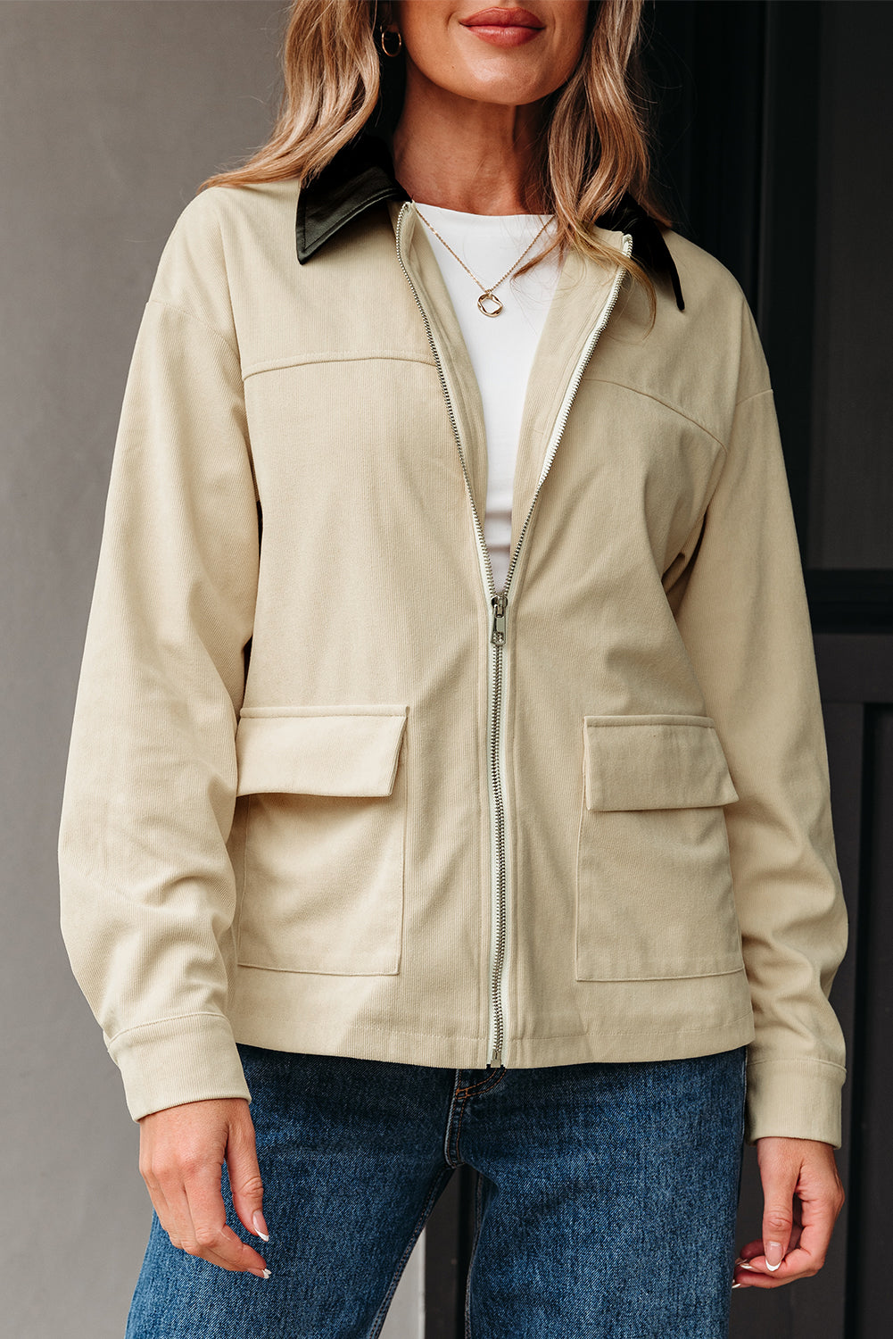 Parchment Contrast Leather Collar Textured Zip Up Jacket