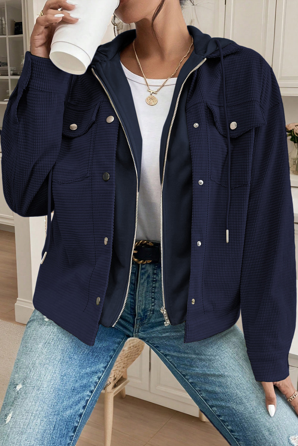 Beige 2 in 1 Thermal Knit Textured Hooded Jacket