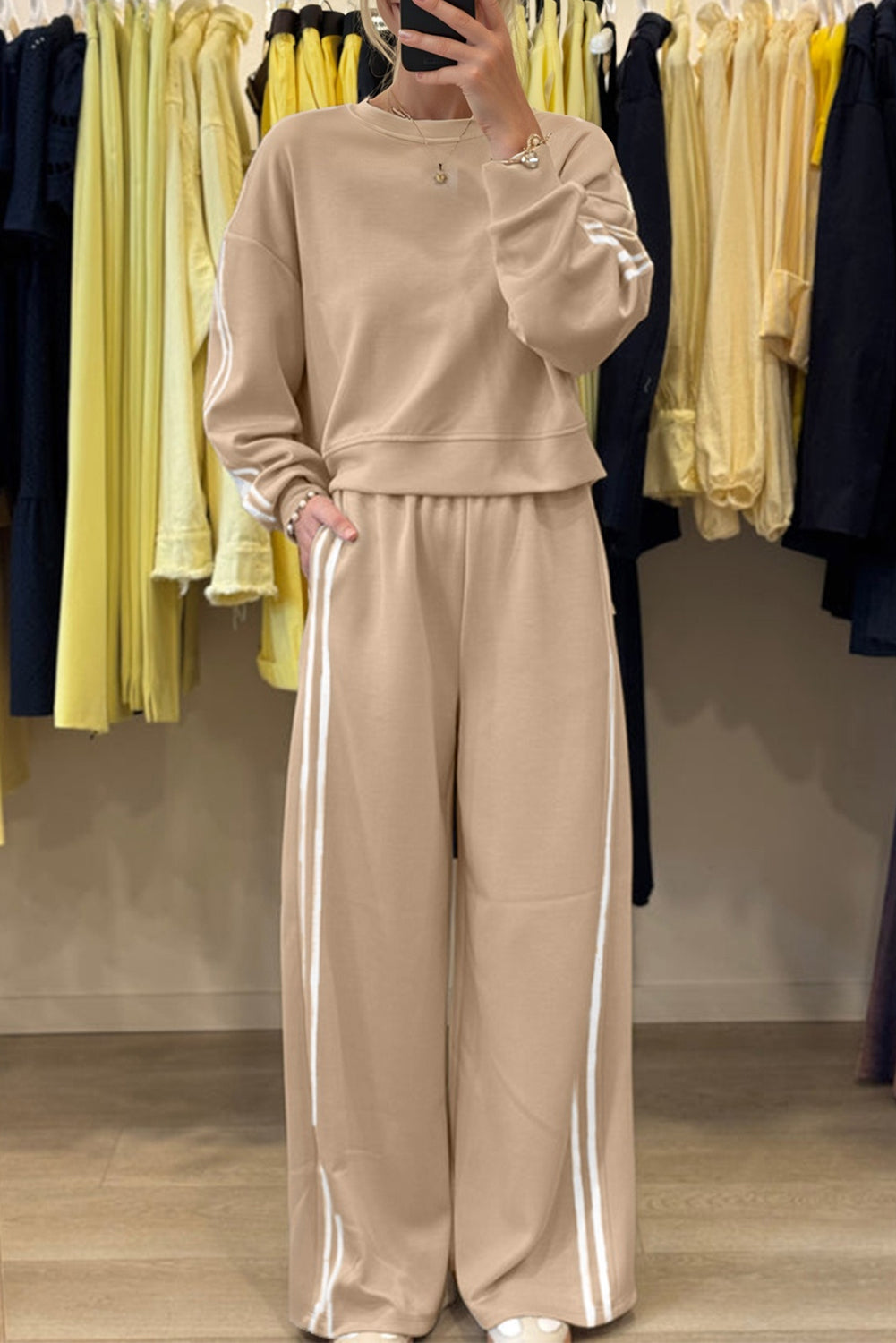 Dirty blue Varsity Striped Detail Crewneck Pullover Elastic Sweatpants 2pcs Outfit