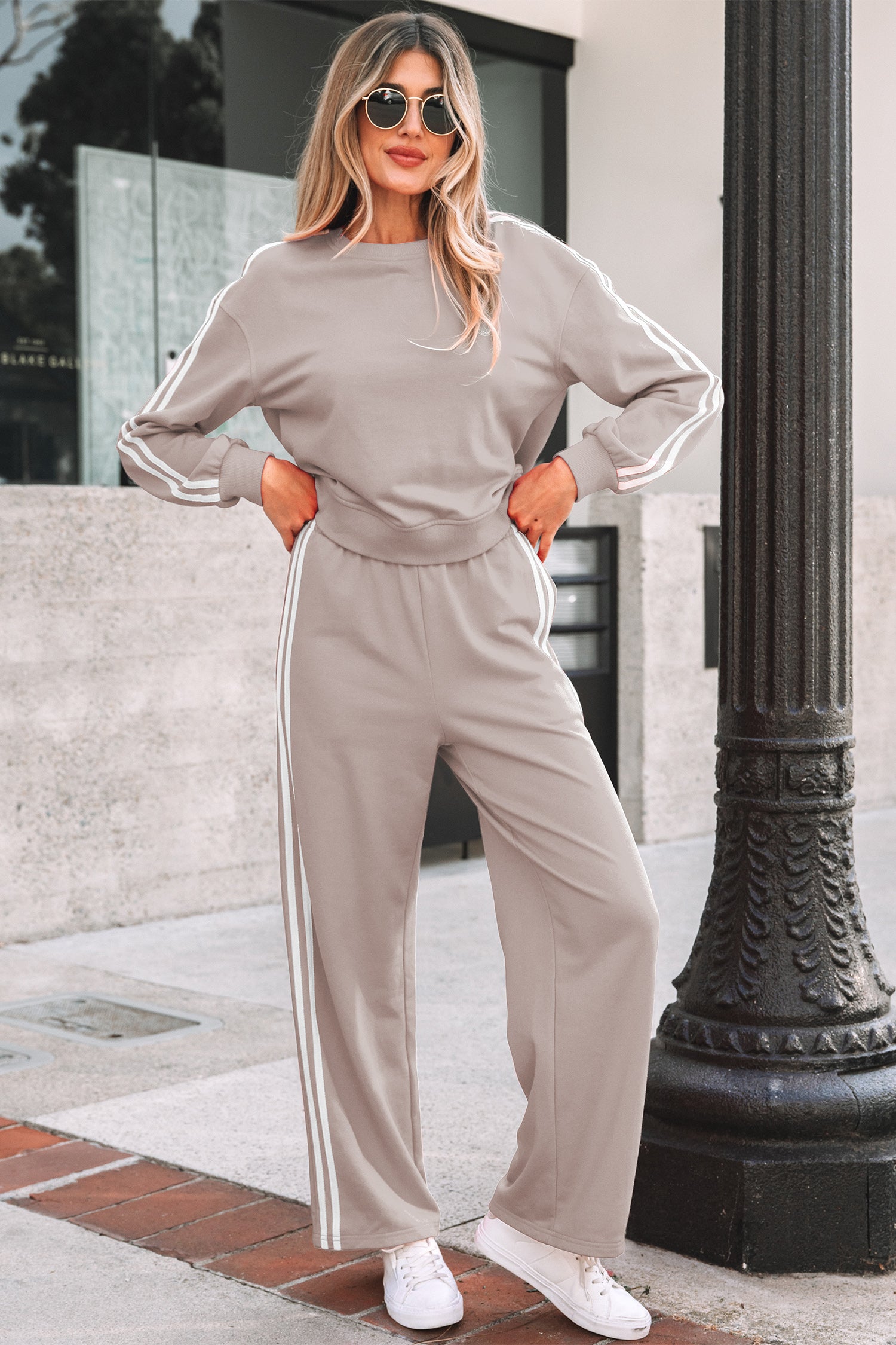 Dirty blue Varsity Striped Detail Crewneck Pullover Elastic Sweatpants 2pcs Outfit