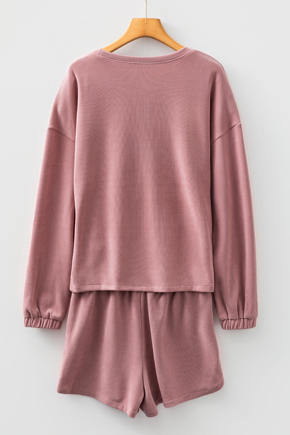 Black Solid Color Textured Knit Drop Shoulder Pullover Drawstring Shorts Set