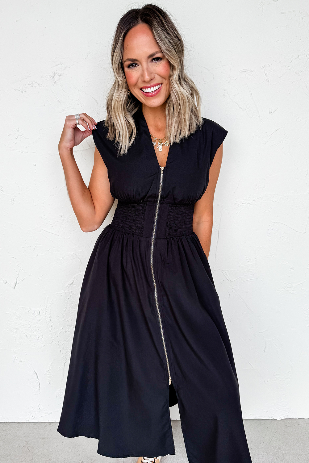 Black Sleeveless Zipped Front V Neck Shirred Waist Maxi Dress