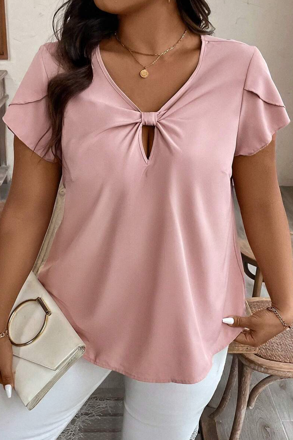 Pink Knotted Keyhole Front Petal Short Sleeve Plus Size Top