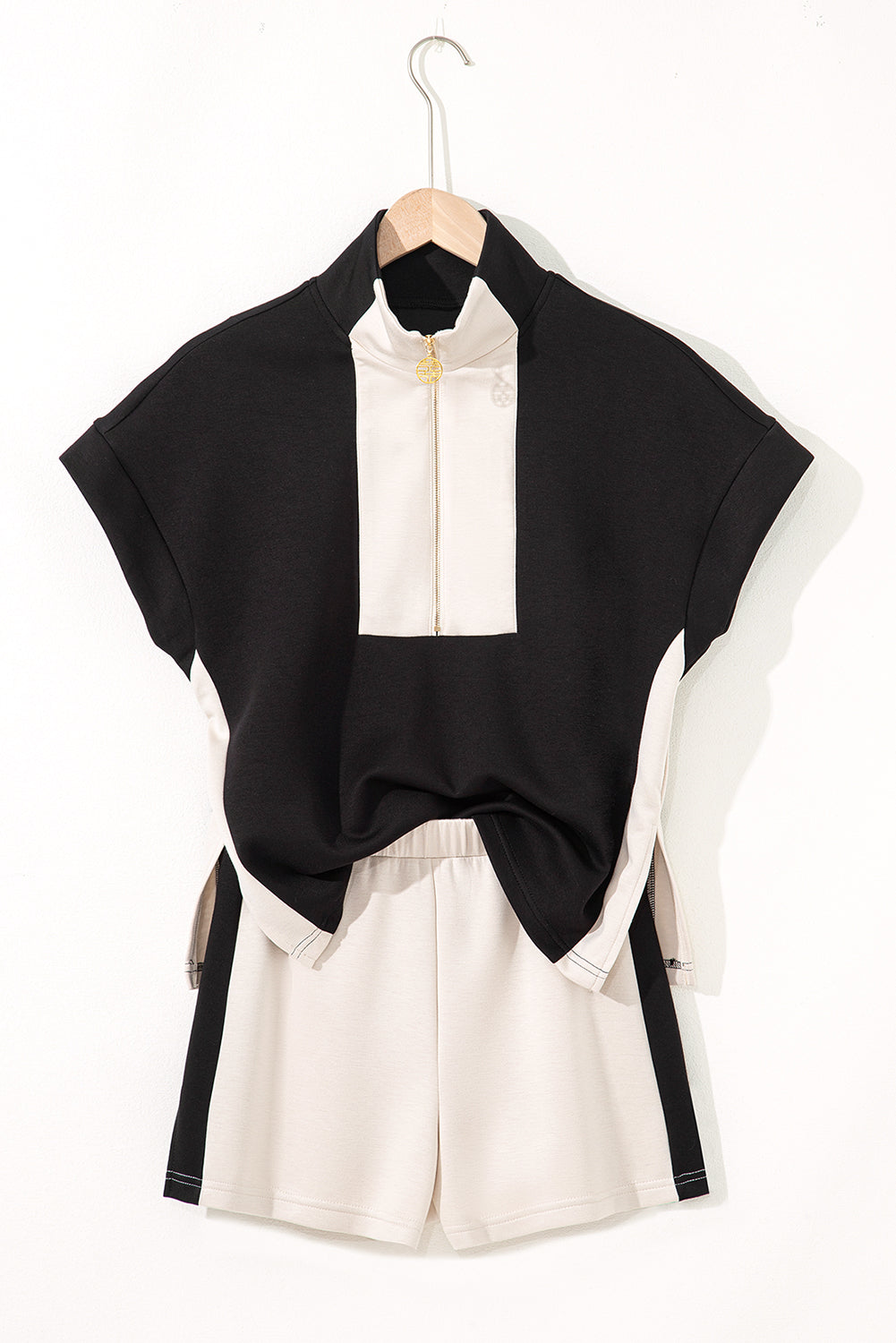 Black Contrast Zipped Stand Collared T Shirt and Short Set