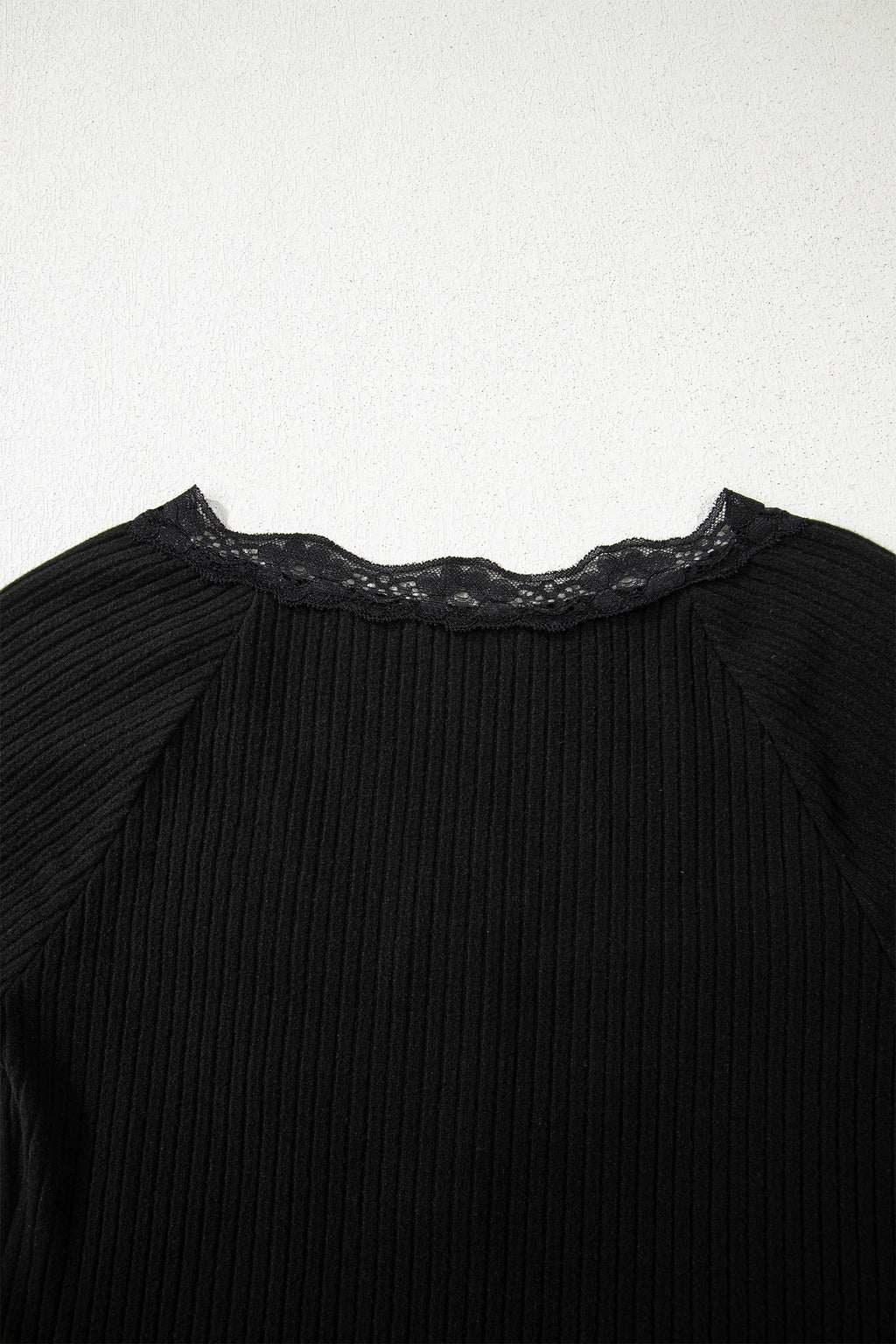 Skobeloff Lace Neckline Button Decor Lettuce Edge Long Sleeve Ribbed Top