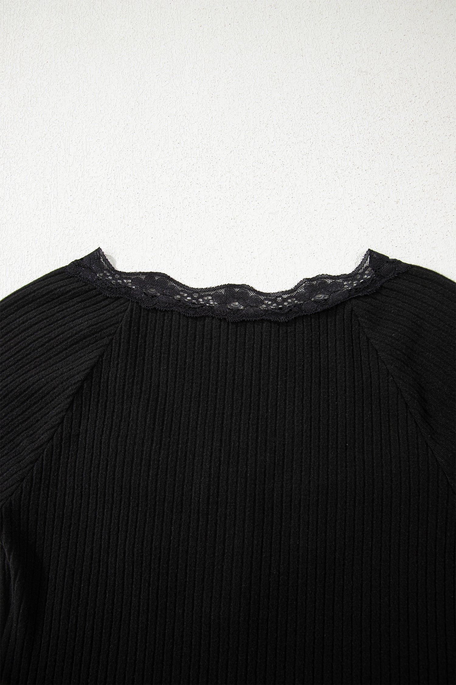 Skobeloff Lace Neckline Button Decor Lettuce Edge Long Sleeve Ribbed Top