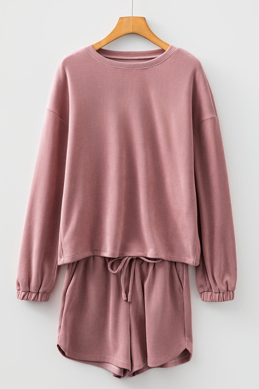 Black Solid Color Textured Knit Drop Shoulder Pullover Drawstring Shorts Set