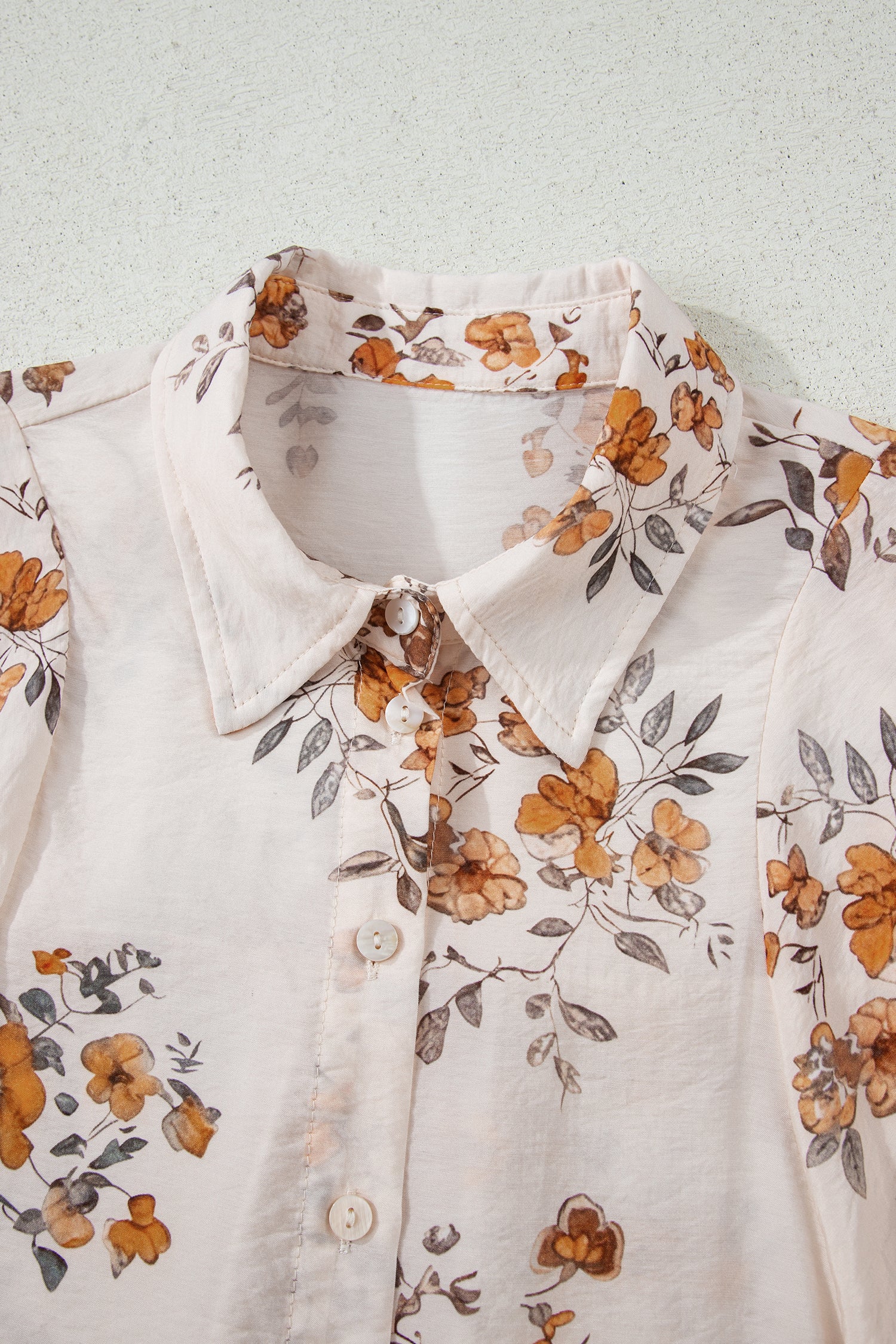 Apricot Floral Printed Silky Button Up Long Sleeve Shirt