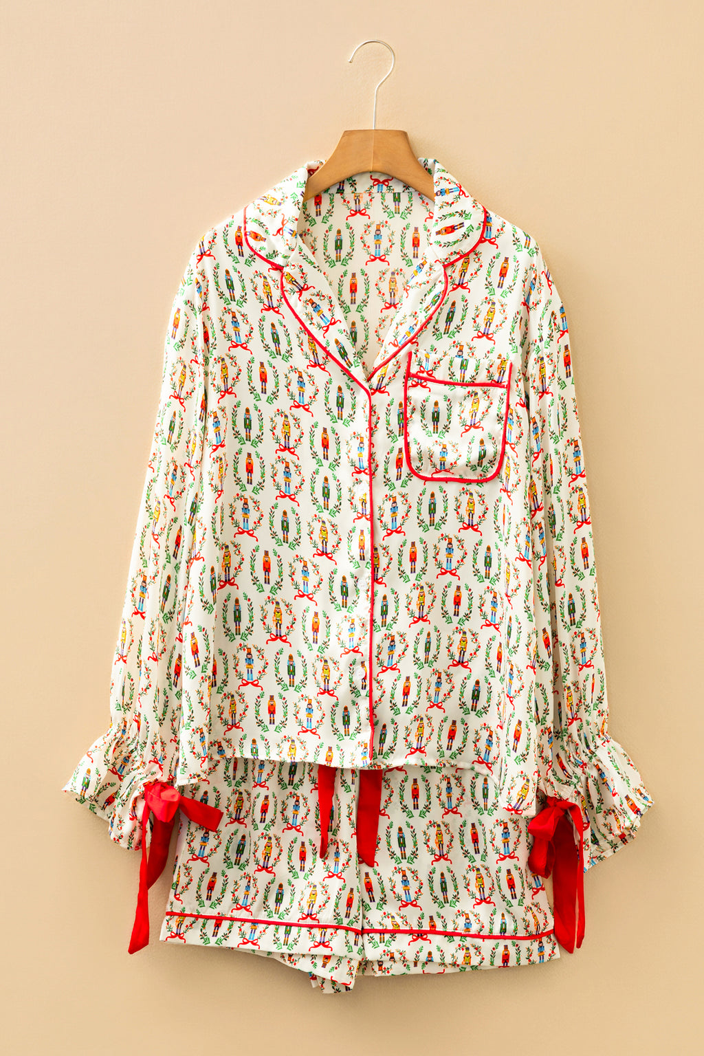 Pink Nutcracker Print Contrast Trim Tied up Bow Silky 2pcs Pajama Set