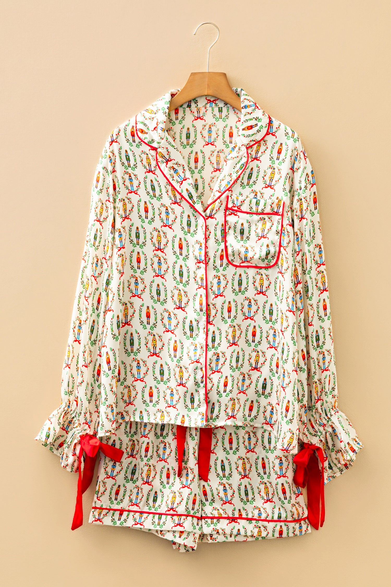 Pink Nutcracker Print Contrast Trim Tied up Bow Silky 2pcs Pajama Set