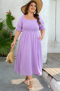 Sachet Pink Swiss Dot Smocked Frilled Neckline Short Sleeve Plus Size Dress