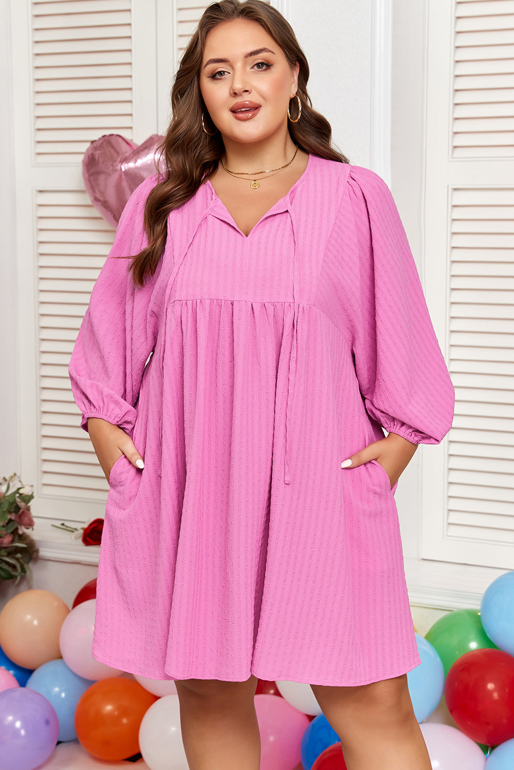 Sachet Pink Plus Size Textured Tie Split Neck Puff Sleeve Flowy Mini Dress