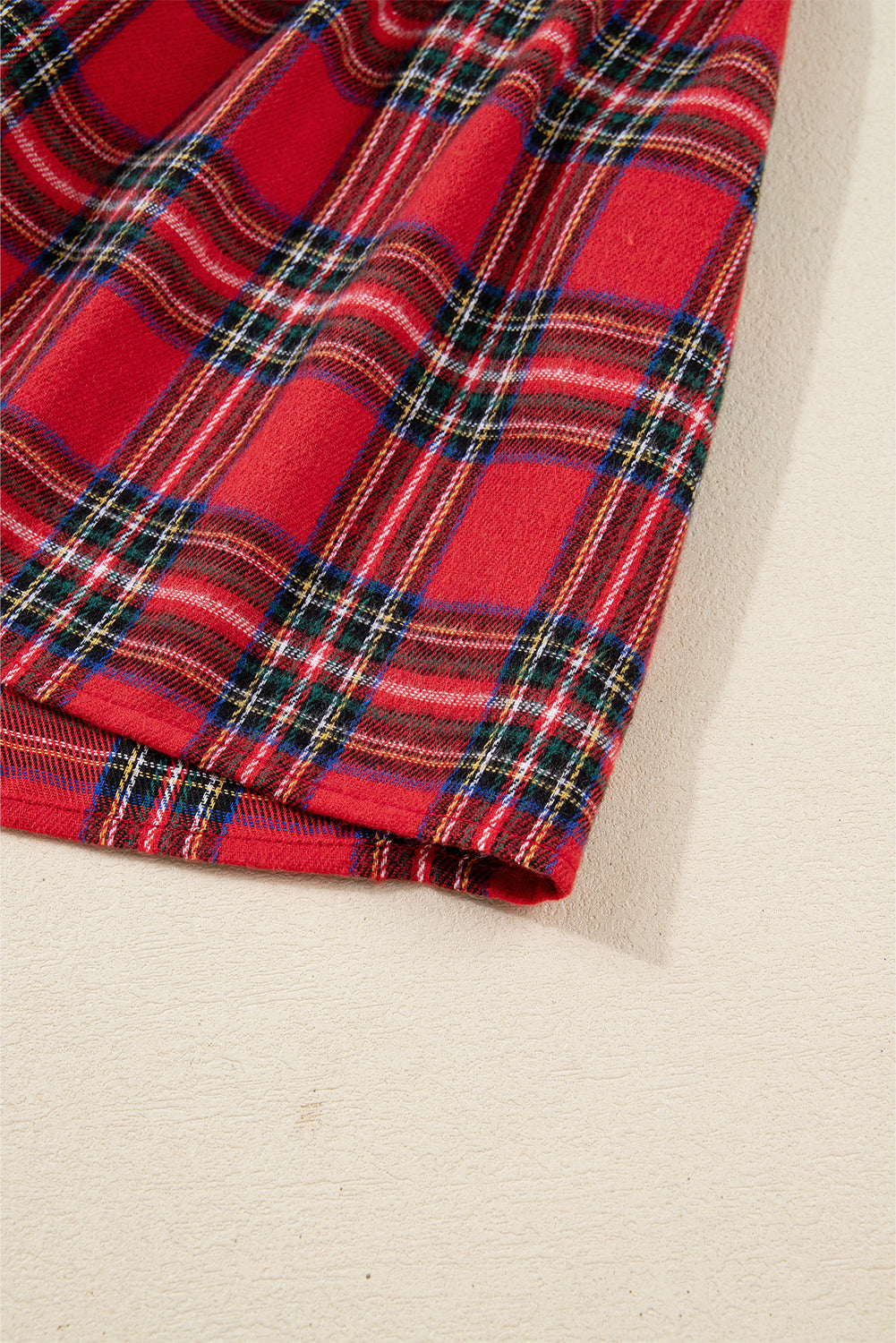 Red Christmas Plaid V Neck 3/4 Sleeve Tie Waist Ruffle Hem Long Dress