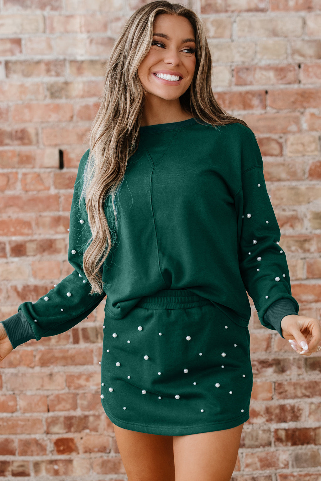 Dark Green Pearl Embellished Drop Shoulder Pullover Elastic Waist Mini Skirt Set