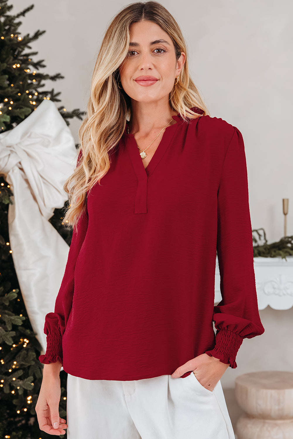 Burgundy Notched Neck Shirred Cuff Long Sleeve Blouse