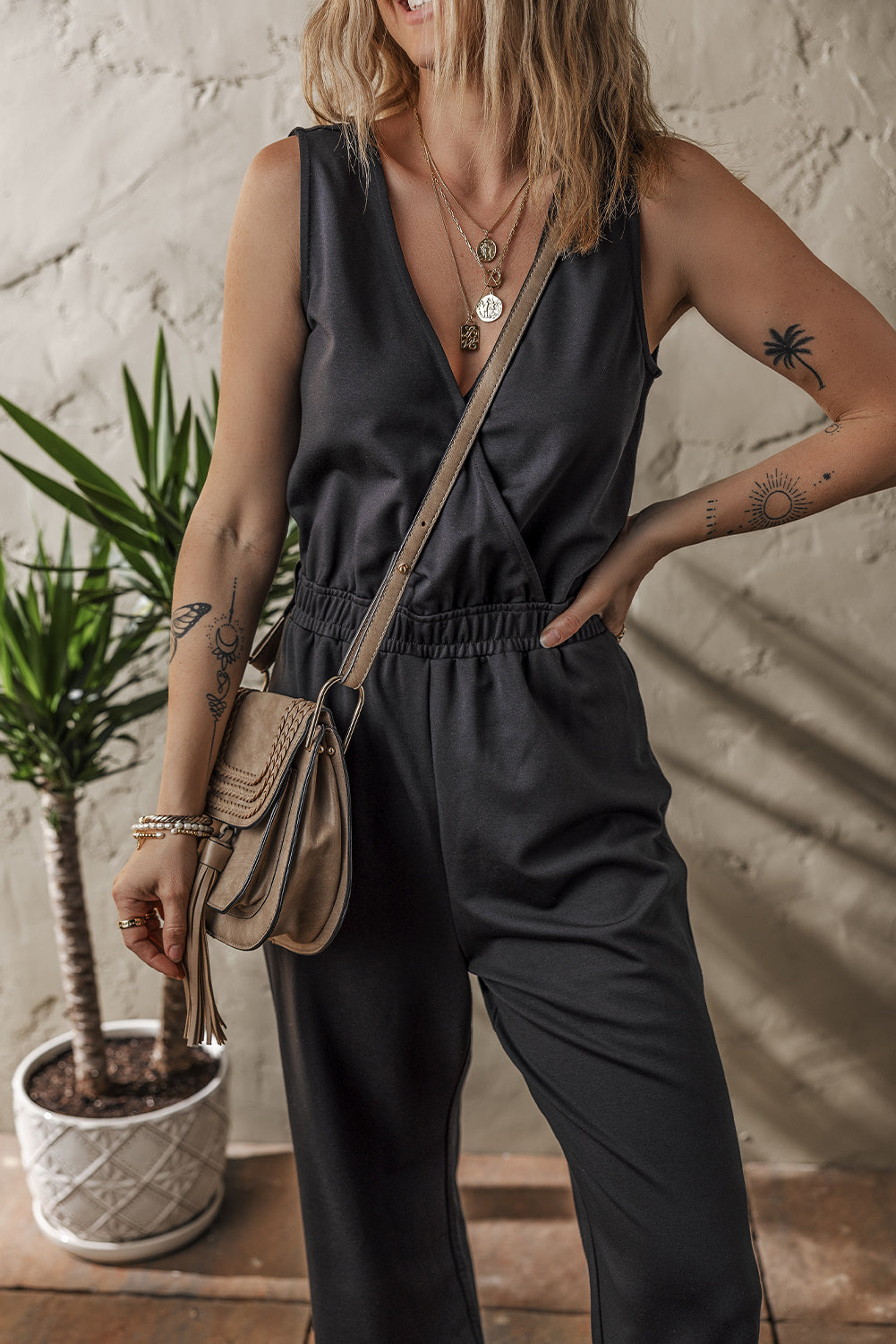 Black Wrap V Neck Sleeveless High Waist Jumpsuit