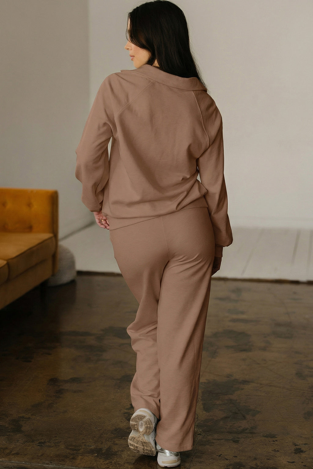 Light Grey Polo Collar V Neck Pullover and Drawstring Sweatpants Set