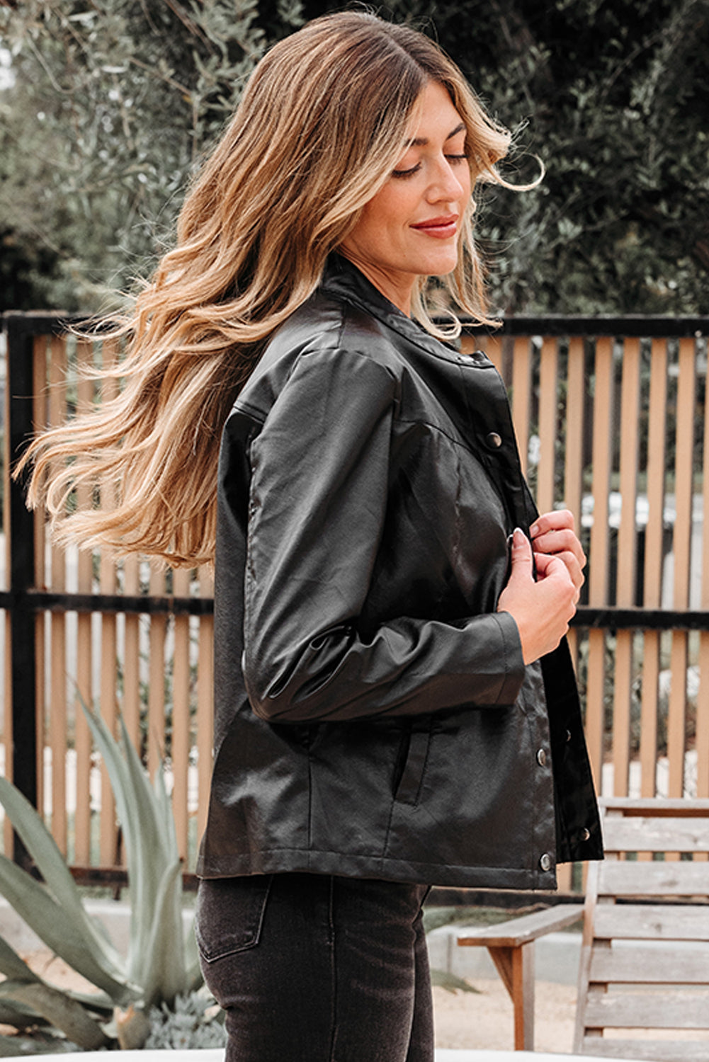 Black Faux Leather Buttoned Front Boxy Jacket